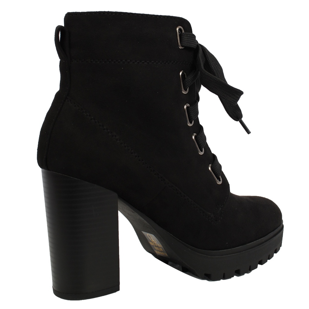 Black Faux Suede Lace Up Stacked Block Boot - Picture 3 of 8